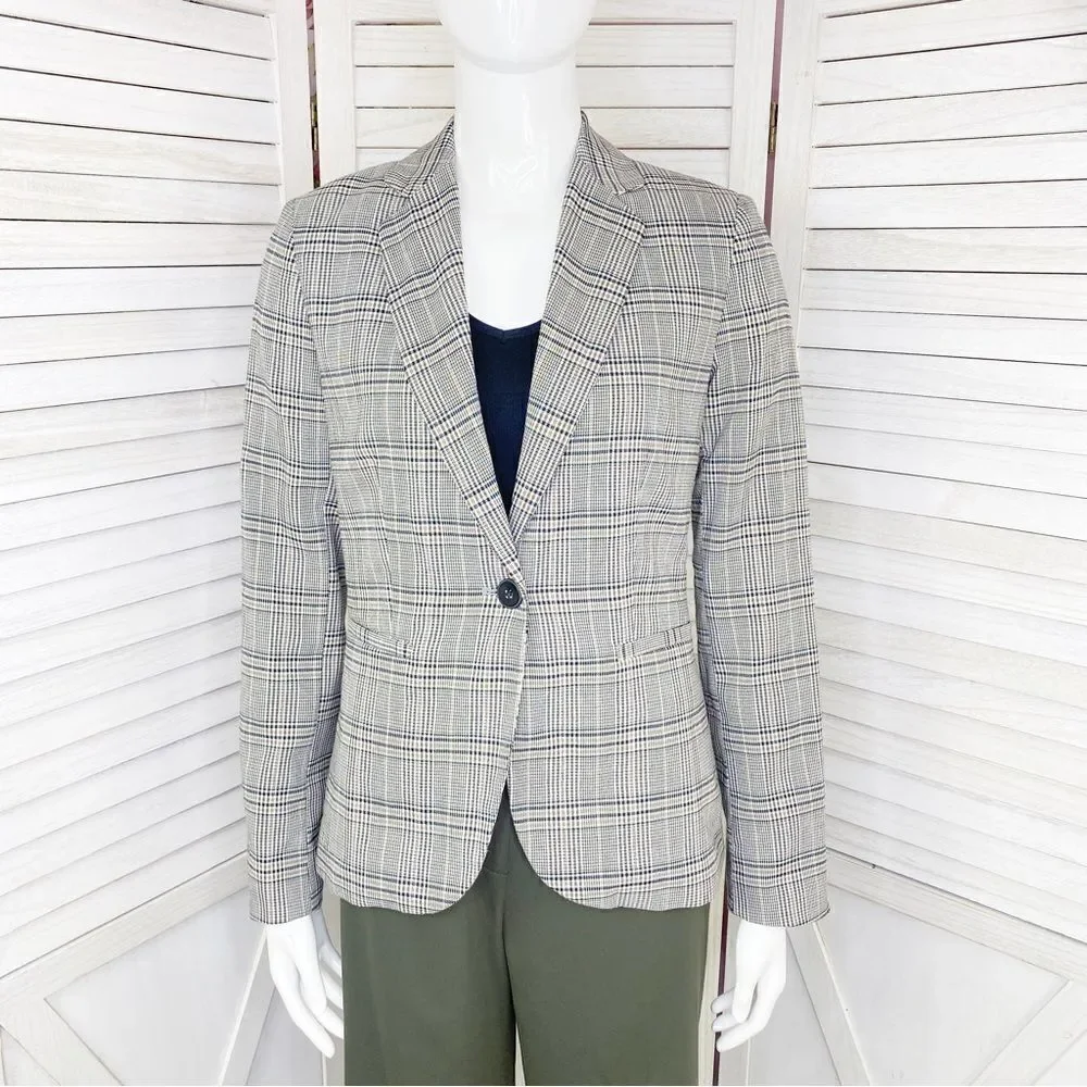 Zara Blazer Jacket Womens 2 Black‎ White Tan Single Breasted Lined Suit Button